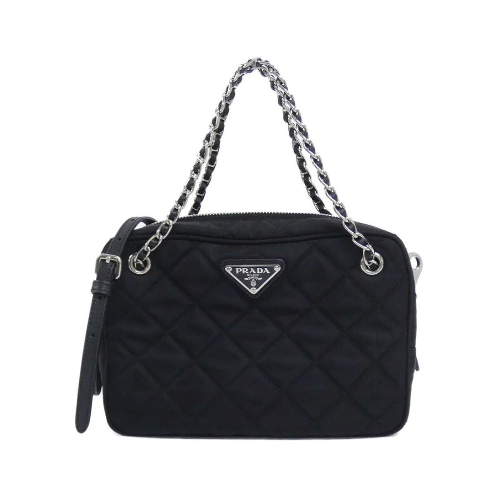 Prada quilted tessuto shoulder bag silvertone chain Black